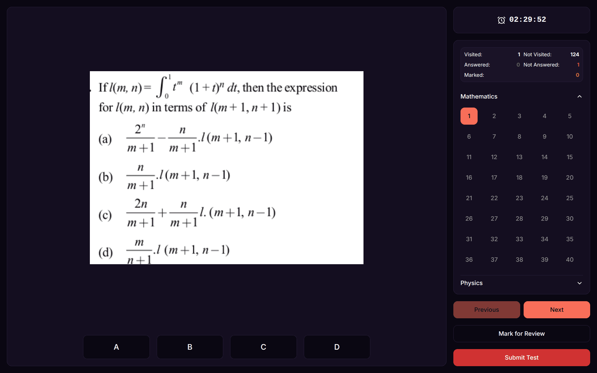 VIT Ranks modern exam UI — dark theme, A/B/C/D buttons, per-subject palette