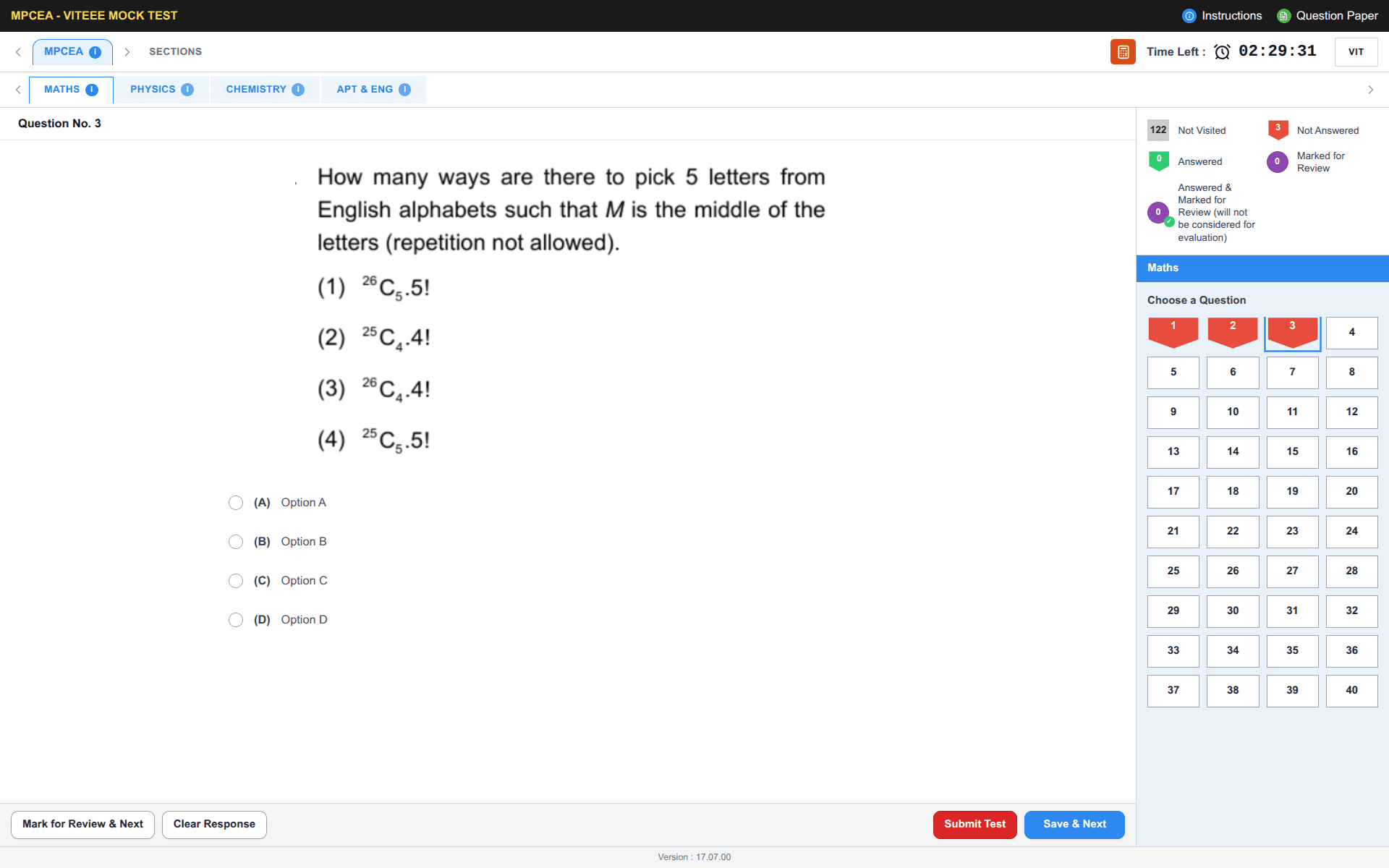 VITEEE-style CBT UI — section tabs, numbered palette, Save & Next